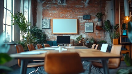 Leinwandbilder - Empty Conference Room for Team Meetings in Modern Creative Agency with Art on Walls and Desks with Computers Office Space with Project Plan Presentation on Digital Whiteboard Monitor : Generative AI