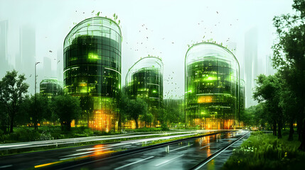 Canvas Print - Futuristic cityscape with green buildings and glowing lights on a rainy day.