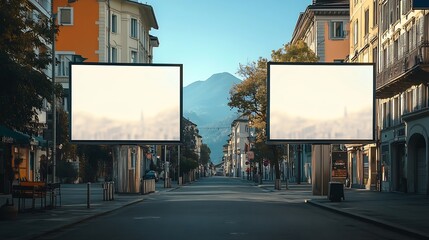 2 largeformat billboards next to each other on a street in Switzerland in Ticino Lugano : Generative AI