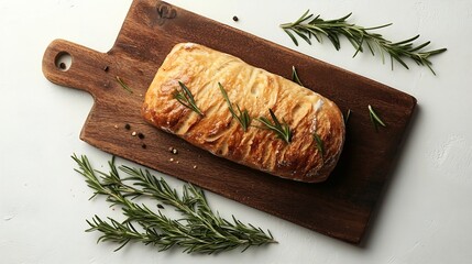 Poster - Wooden board with tasty baked brie cheese bread and rosemary isolated on white top view : Generative AI