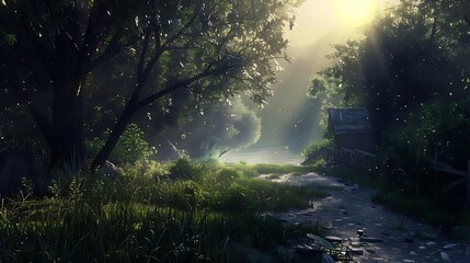 Poster - A serene landscape with sunlight filtering through trees, a path leading to a tranquil water body, and a rustic cabin.