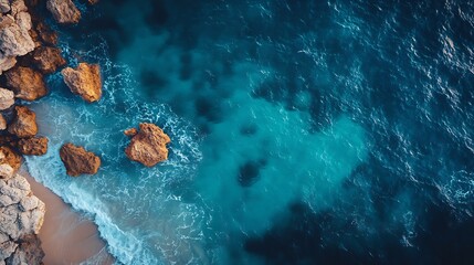 Poster - Abstract sea background Creative minimal beach concept Summer vacation layout with blue water and rocks on bright background Flat lay Greece landscape : Generative AI