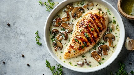 Poster - Roasted chicken breast with mushrooms in cream sauce on a white ceramic form on a gray concrete background Comfort food Top view : Generative AI
