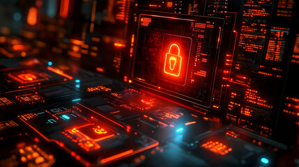 Wall Mural - Futuristic red glowing padlock icon on a digital interface background.