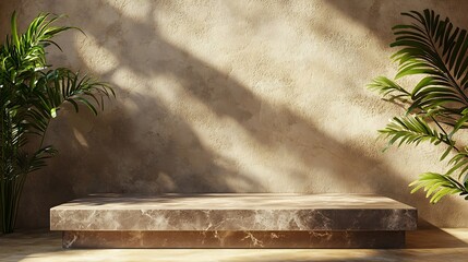 Aufkleber - Natural stone podium for beauty and spa cosmetic brand display on brown background wall with plant shadow Luxury granite material and neutral aesthetic interior scene for product place : Generative AI