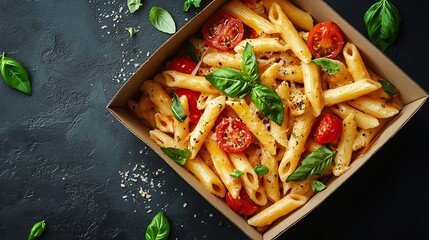 Wall Mural - Casarecce pasta with tomato and basil in a taking away box food delivery from the restaurant to your home Top view : Generative AI