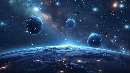 Canvas Print - A stunning cosmic scene featuring Earth and three glowing planets amidst a starry backdrop.