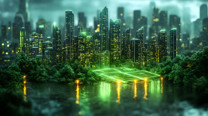 Wall Mural - Glowing cityscape with a green grid in the foreground, surrounded by trees and water.