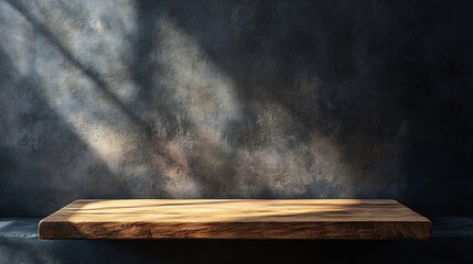 Leinwandbilder - Wooden board with shadows and black wall background Free space for your decoration : Generative AI