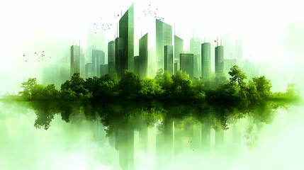 Sticker - Green city skyline reflected in water with lush trees in the foreground.