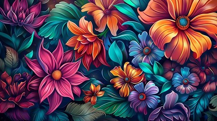 Sticker - A vibrant illustration of various colorful flowers and leaves, showcasing intricate details and artistic design.