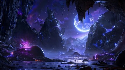 Poster - A mystical alien landscape featuring glowing crystals, mountains, and a large moon in a starry sky.