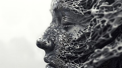 Poster - A surreal depiction of a face with intricate, organic textures blending into a dreamlike background.