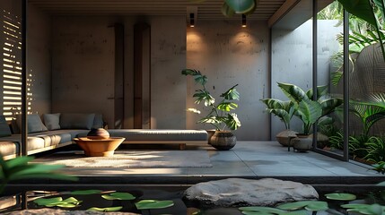 Sticker - A serene indoor space with a minimalist design, featuring plants, natural light, and a tranquil atmosphere.