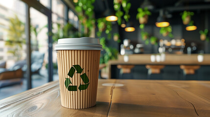 Wall Mural - recyclable coffee cup on the table in modern office, cup mockup 