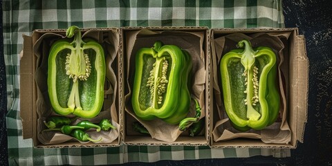 Poster - Sliced fresh green bell peppers displayed with others on a checkered cloth within a rustic cardboard container, featuring a close-up of distinctive green pepper arrangements.