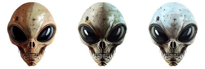 Sticker - Three stylized alien skulls with distinct colors and textures.