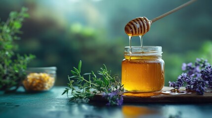 Wall Mural - Fresh honey dripping from a spoon, with a jar of organic honey and herbs nearby