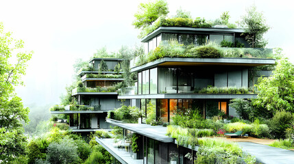 Poster - Modern apartment building with lush green roofs and balconies.