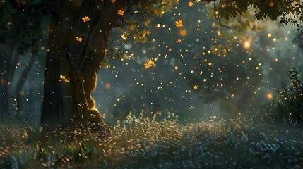 Sticker - A serene forest scene illuminated by glowing particles, with a tree and lush greenery creating a magical atmosphere.