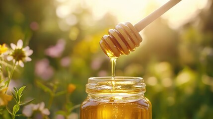 Wall Mural - Golden honey dripping from a dipper into a jar, with wildflowers in the background, highlighting its purity