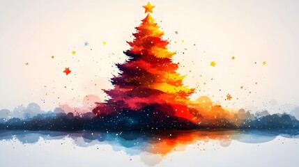 Festive illustration of a Christmas tree in modern geometric style for New Year 2025, incorporating stars and abstract vectors in vibrant colors on a white background.