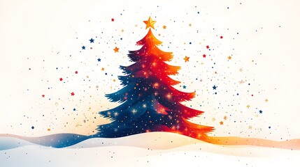 Geometric Christmas tree illustration in modern, minimalist style for New Year 2025, with bright stars and abstract elements in a flat cartoon design on a white background.