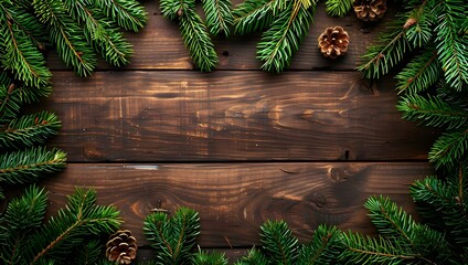 Poster - Christmas Fir & Pine Cone Frame on Dark Rustic Wood Background