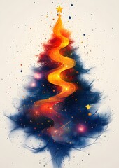 Wall Mural - Modern Christmas tree for Happy New Year 2025, with a geometric minimalist style, featuring vibrant stars and abstract vector elements on a white backdrop.