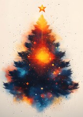 Wall Mural - Modern Christmas tree for Happy New Year 2025, with a geometric minimalist style, featuring vibrant stars and abstract vector elements on a white backdrop.