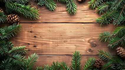 Poster - Christmas Fir Branches & Pine Cones Border on Rustic Wood Background