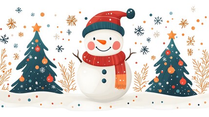 Wall Mural - Flat cartoon style illustration of a snowman and Christmas tree, featuring vibrant colors, stars, and abstract elements on a white backdrop.