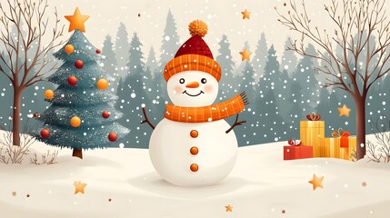 Wall Mural - Colorful flat cartoon Christmas snowman and tree with stars and abstract elements on a bright white background.