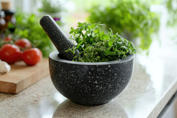 Fresh Herbs in a Granite Mortar and Pestle on Kitchen Counter