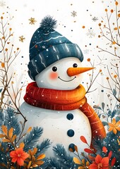 Wall Mural - Colorful flat cartoon snowman and tree, with stars and abstract vector designs on a bright white background