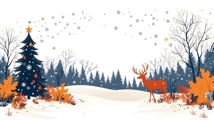 Wall Mural - Modern holiday card with abstract Christmas motifs, featuring a Christmas tree, deer, and decorative frame, with plenty of space for greetings on a white background