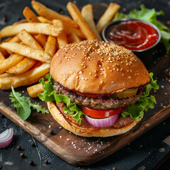 Poster - Delicious burger, hamburger plate illustration. fast food