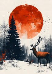 Wall Mural - Contemporary Christmas card design with abstract patterns, including a Christmas tree and deer, framed with decorative borders on a white backdrop