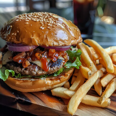 Poster - Delicious burger, hamburger plate illustration. fast food