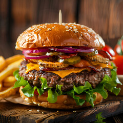 Canvas Print - Delicious burger, hamburger plate illustration. fast food