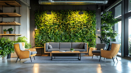 Wall Mural - Modern living room with a green wall, sofa and two armchairs.