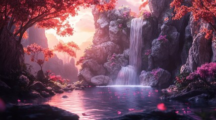 Wall Mural - Waterfall in a Lush Forest with Pink Flowers and a Tranquil Pond