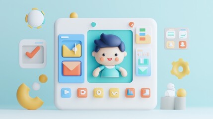 Poster - D Cartoon Character on a User Interface with Icons