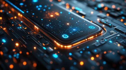 Wall Mural - Futuristic Smartphone with Glowing Circuit Board and Blue Lights