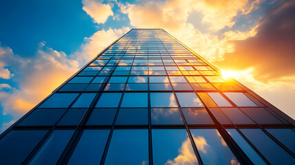 Poster - Modern skyscraper reflecting a vibrant sunset sky with clouds.