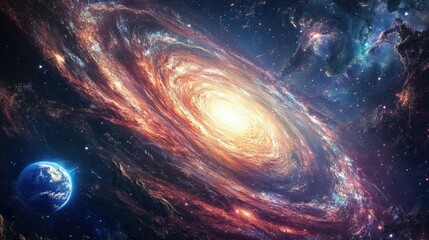 Wall Mural - galaxy with bright stars and colorful nebulae, with earth visible from afar