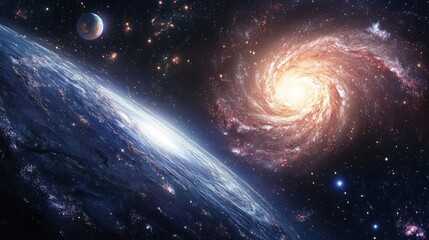 Wall Mural - galaxy with bright stars and colorful nebulae, with earth visible far away