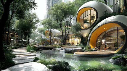 Sticker - Modern, futuristic, and eco-friendly building design with a pond and lush greenery surrounding it