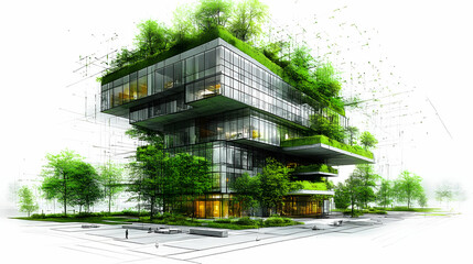 Poster - Modern, green, glass building with trees and grass on rooftop.