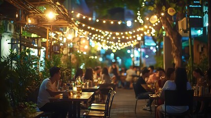 Bokeh background Street Bar beer restaurant, outdoor in asia, People sit chill out and hang out dinner and listen to music together in Avenue, Happy life ,work hard play hard